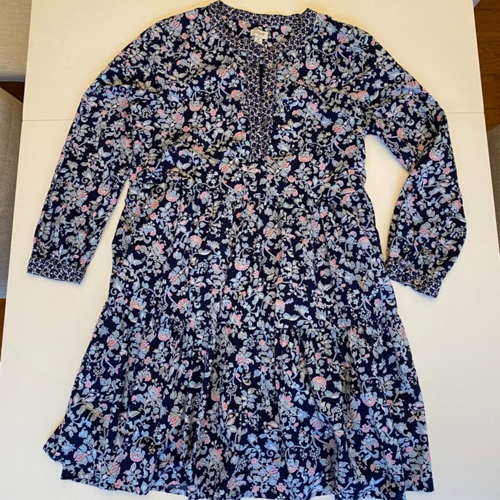 J. Crew Factory Mixed-print Tiered Dress, Long Sleeve, Blue, White, Pink, Size M